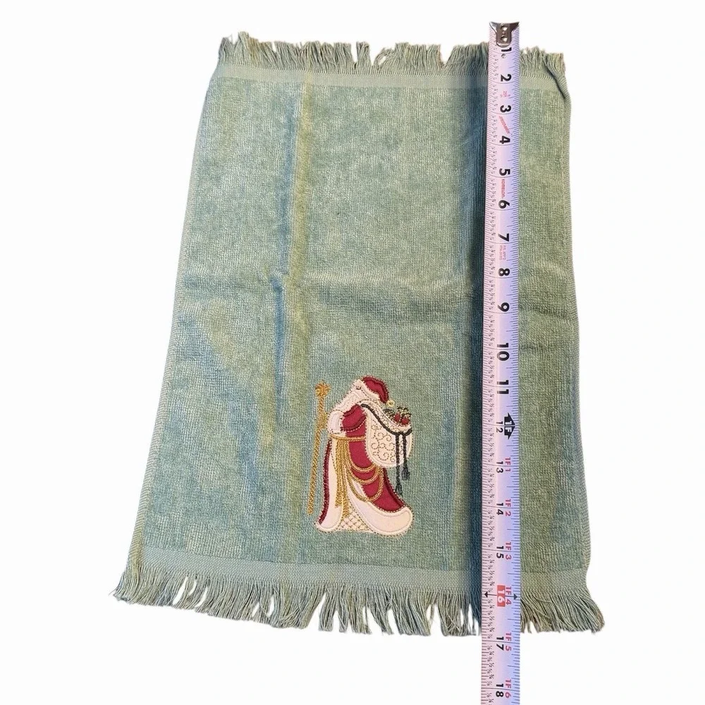Vintage Christmas Hand Towel Sage Green Victorian Santa Embroidered Fringe 11x16